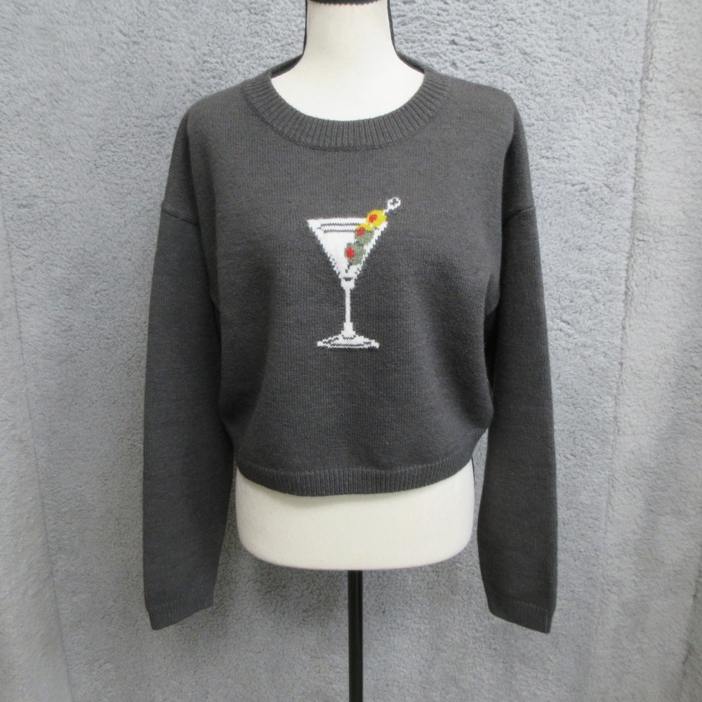 Pretty Garbage Y2K Cropped Martini Graphic Sweater Womens S Gray Cocktail Core